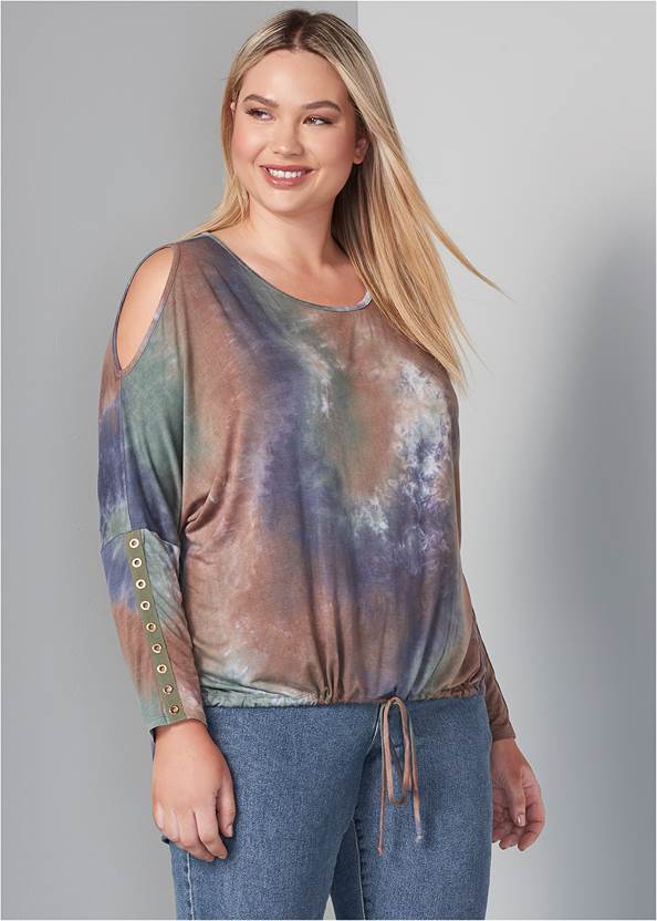 Cold-Shoulder Tie Dye Top,Mid Rise Color Skinny Jeans,Wrap Stitch Detail Booties,Peep Toe Booties