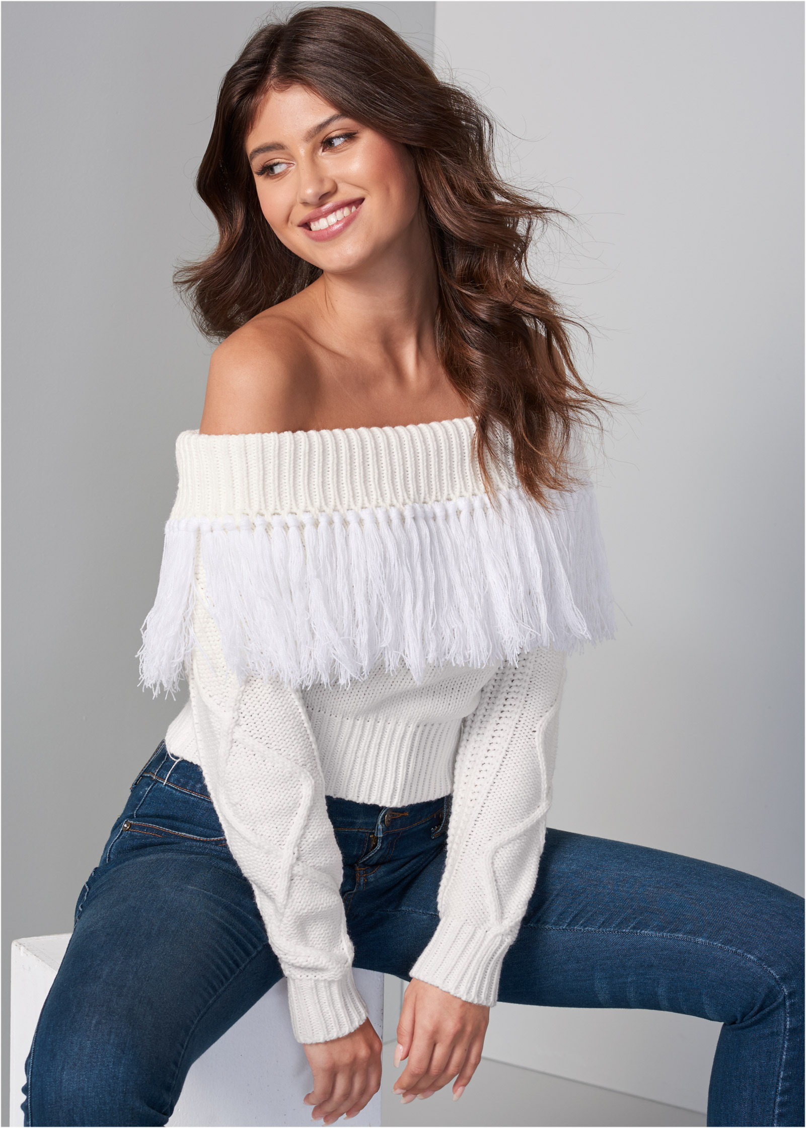 white off the shoulder sweater