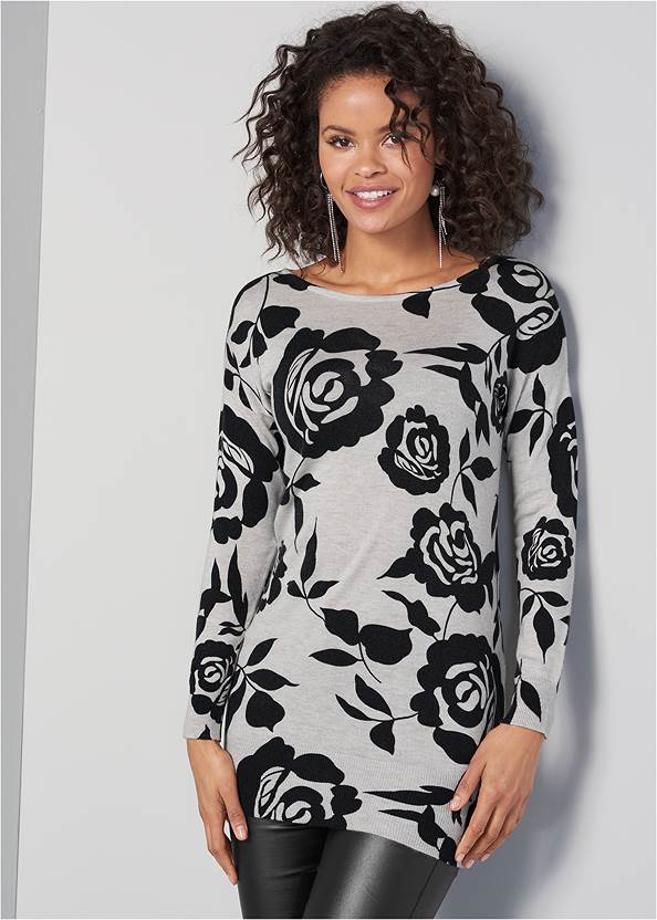 Cropped Front View Floral Tunic Sweater