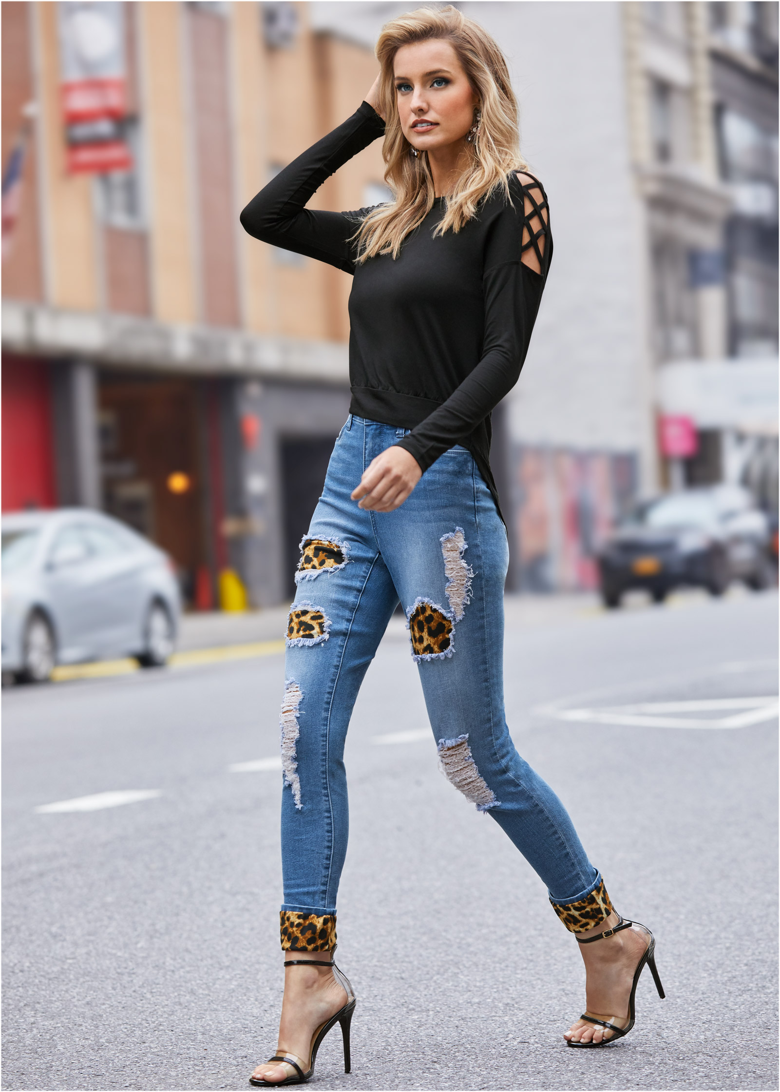 leopard print top and jeans