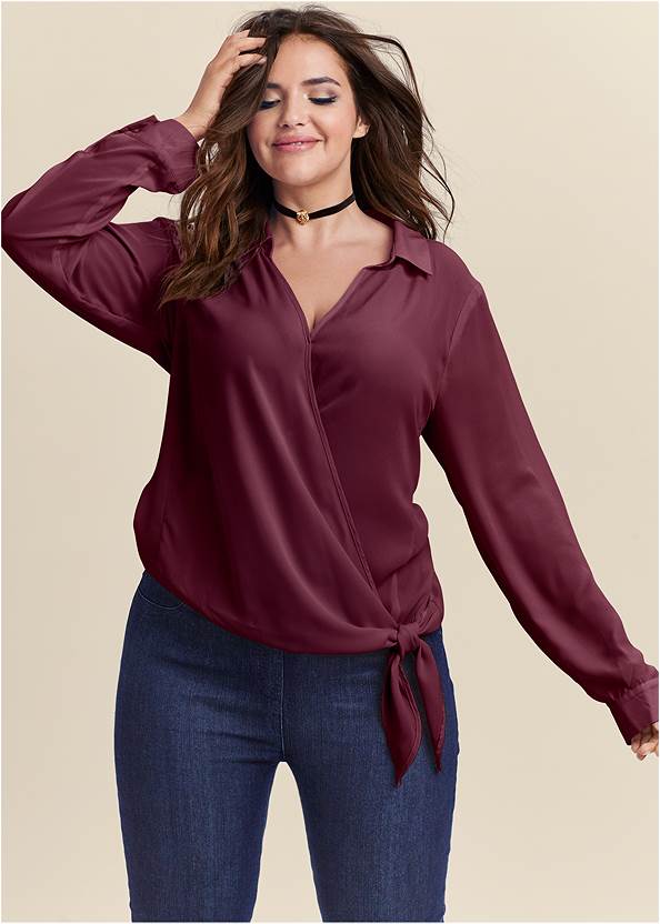 Surplice Side Tie Blouse,Mid-Rise Slimming Stretch Jeggings