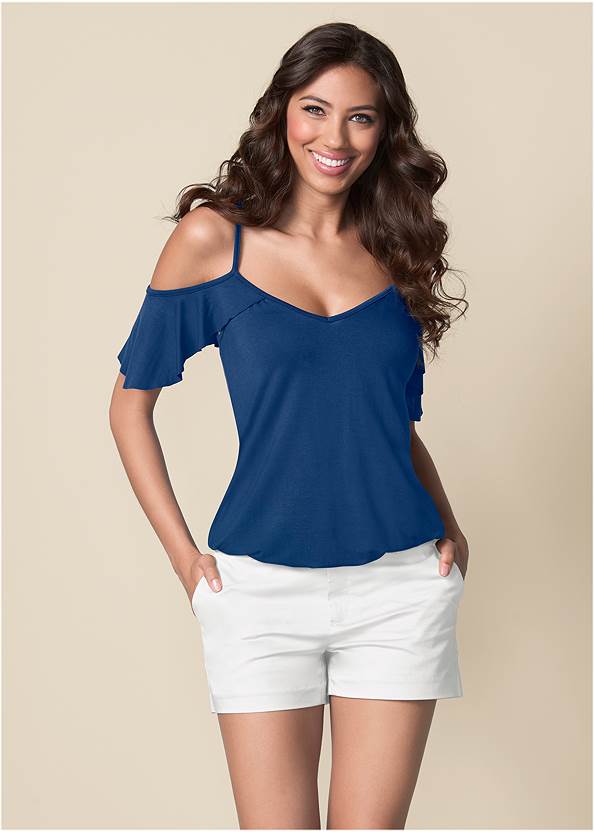 Solid Shorts,Ruffle Cold-Shoulder Top,Second Skin Seamless Top,Braided Double Strap Mules,Tassel Hoop Earrings
