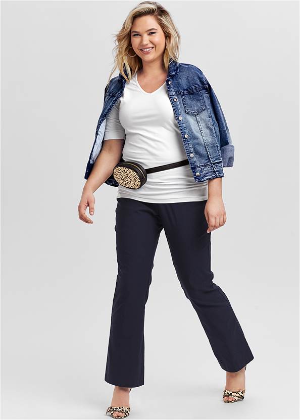 Slimming Pull On Pants,Long And Lean V-Neck Tee,Jean Jacket