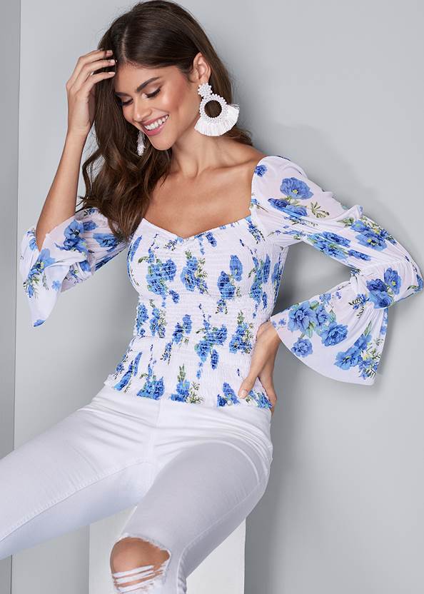 Cropped front view Smocked Floral Print Top