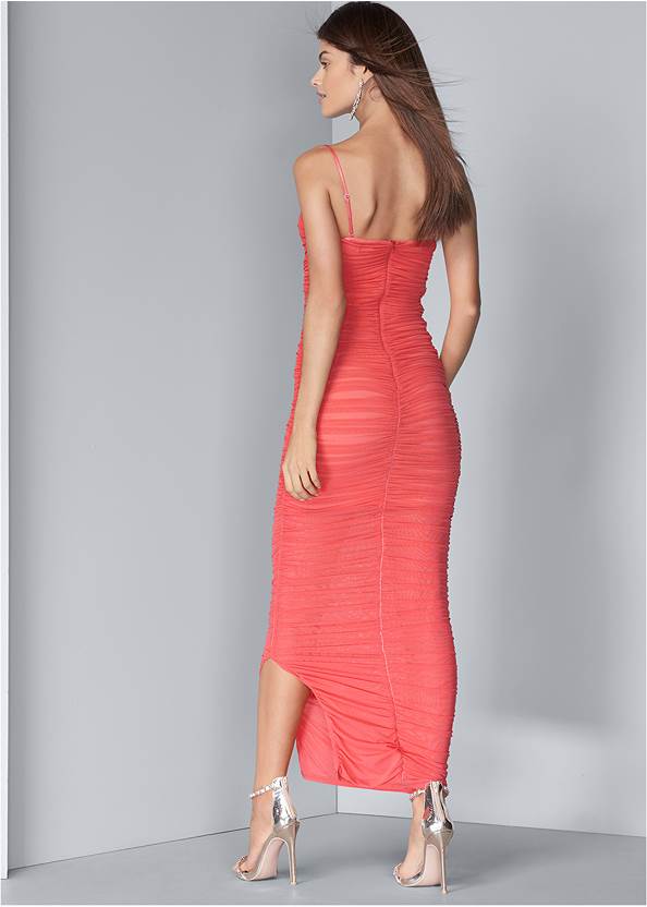 Full back view Ruched Bodycon  Side Slit Maxi Dress