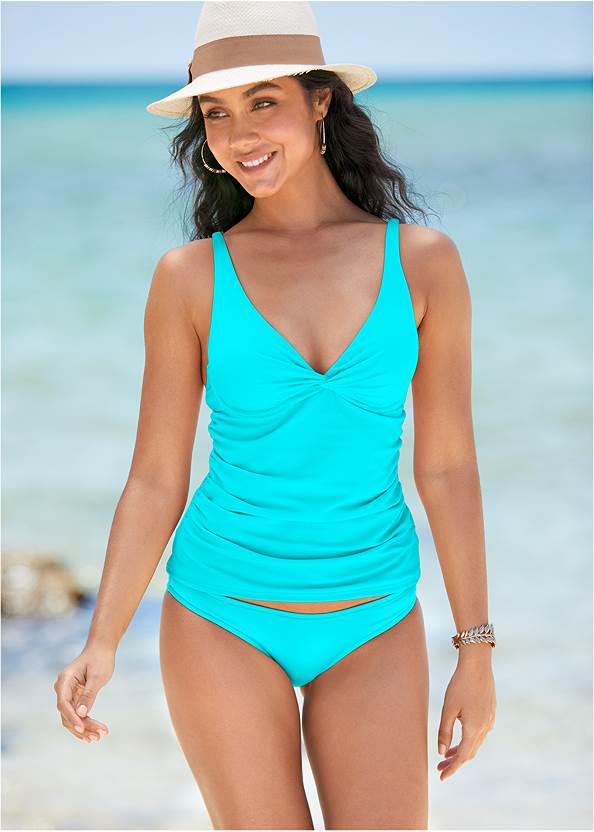 Underwire Twist Tankini Top,Classic Low-Rise Bottom ,Classic Scoop Front Bottom ,Strappy Mid-Rise Bottom,Deep V Cover-Up Beach Dress