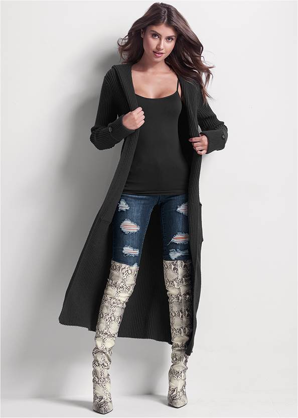 Ribbed Hooded Duster,Basic Cami Two Pack,Ripped Skinny Jeans,Animal Print Boots
