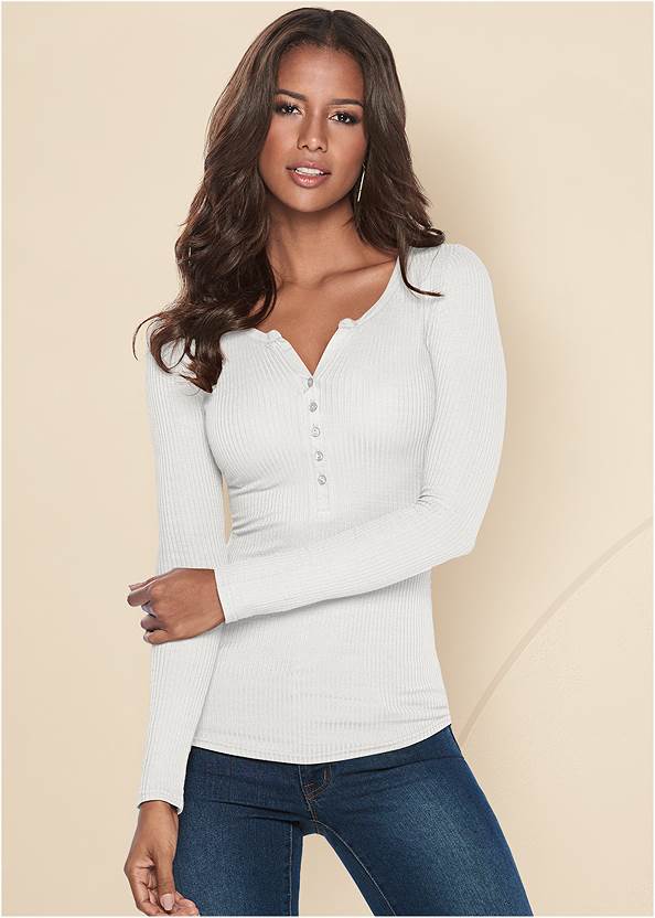 Ribbed Henley Top,Mid-Rise Skinny Jeans,Mid Rise Slimming Stretch Jeggings