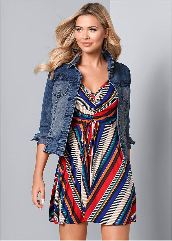 Mixed Stripe Dress,Jean Jacket,Embellished Sandals,Wrap Stitch Detail Booties