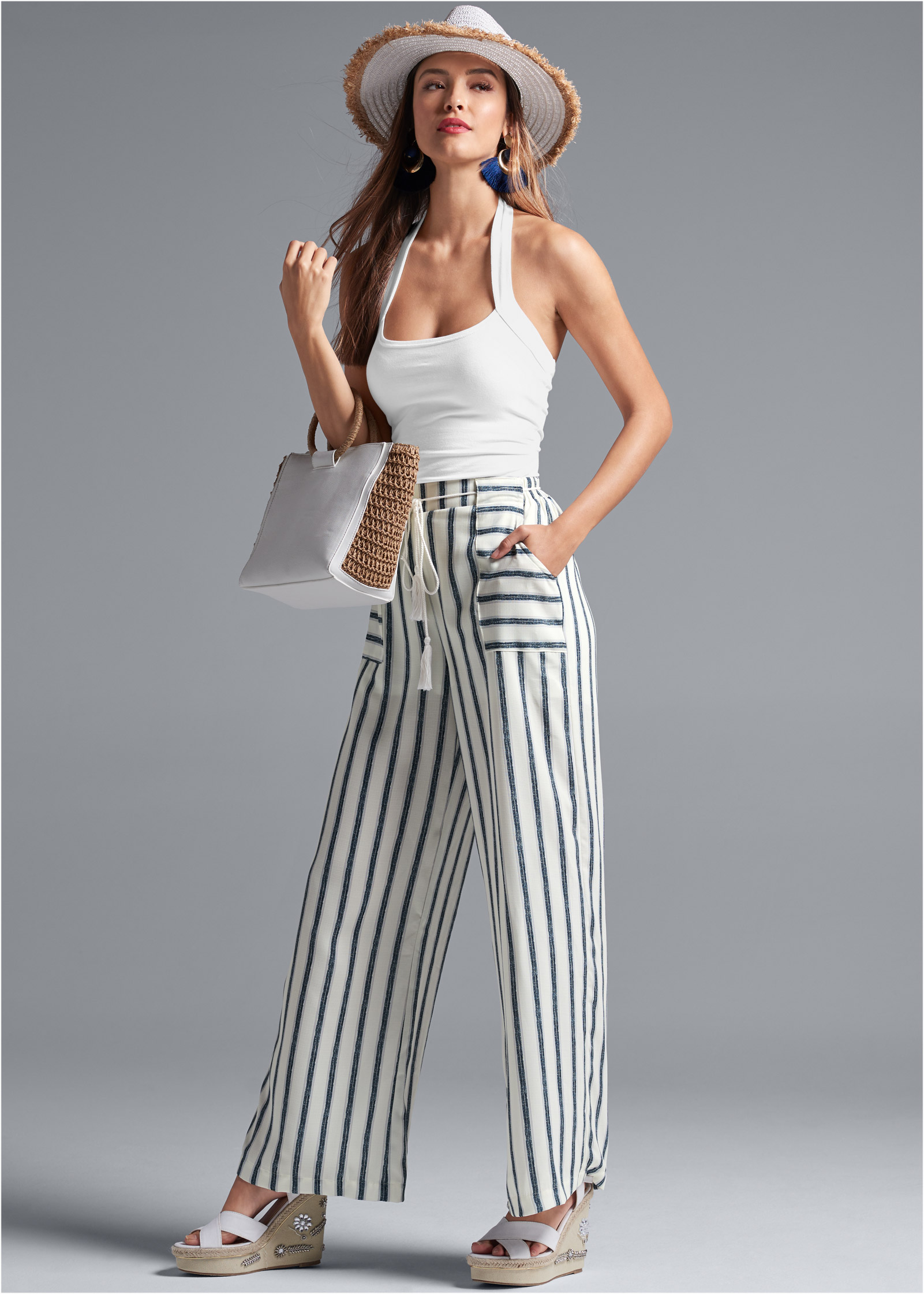 navy blue and white striped pants