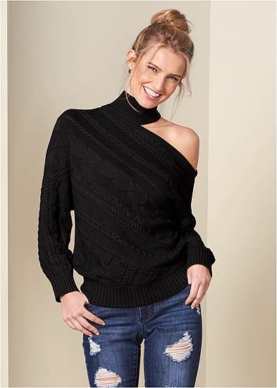 Plus Size One-Shoulder Turtleneck Sweater