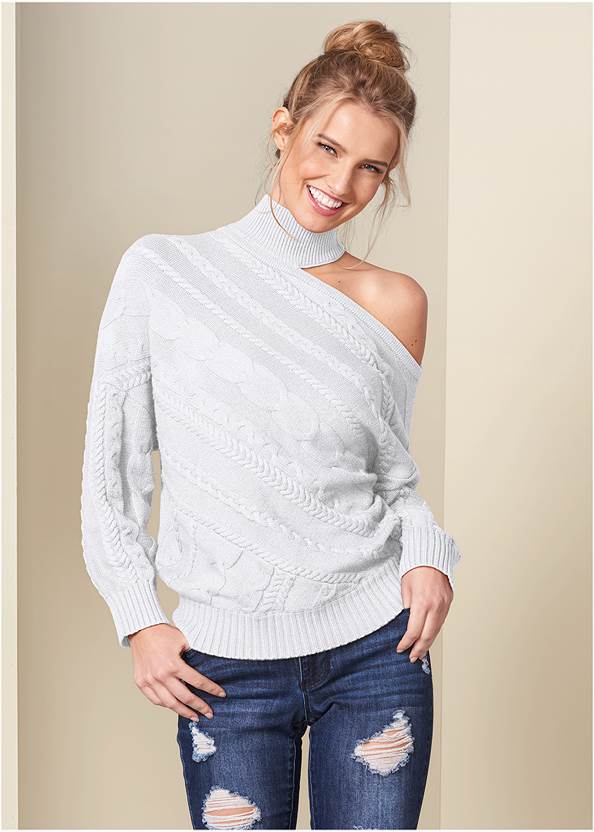 Front View One-Shoulder Turtleneck Sweater