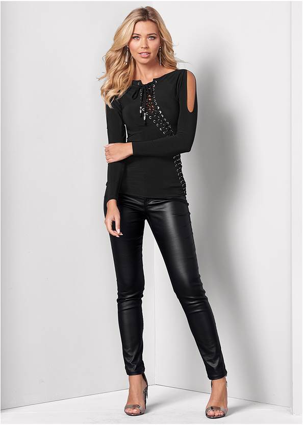 Front View Lace-Up Cold-Shoulder Top
