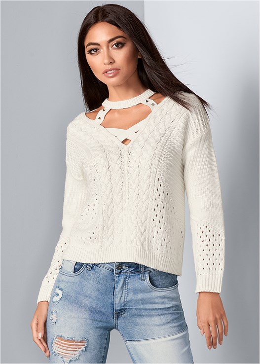 VENUS | Cut Out Detail Sweater in White