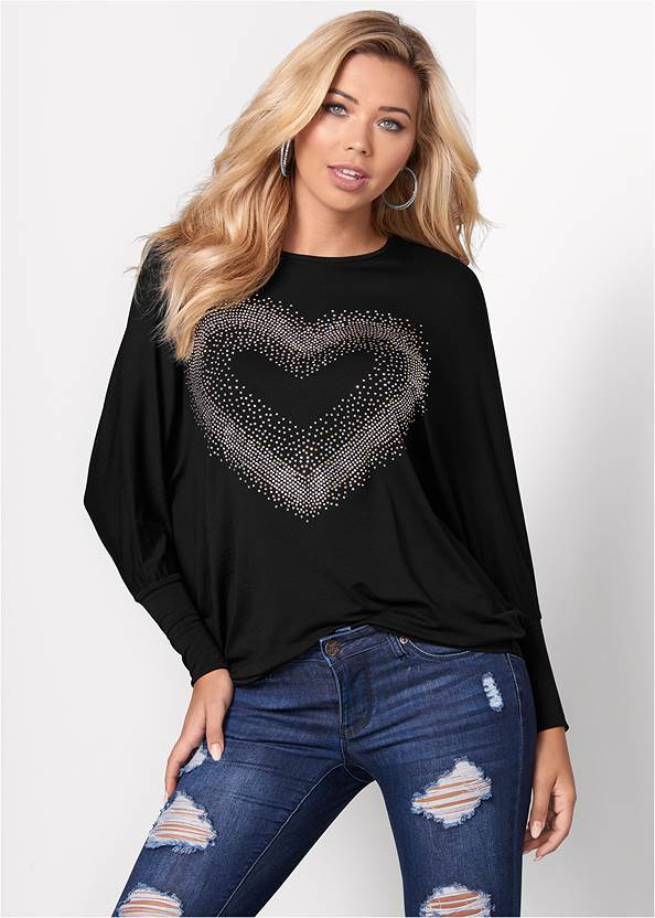 Embellished Heart Tee,Ripped Skinny Jeans,Lift Jeans,Faux-Suede Studded Boots,Hoop Detail Earrings,Perforated Handbag