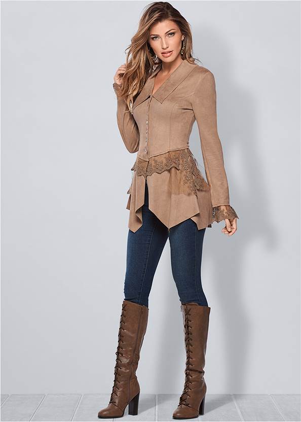 Faux-Suede And Lace Jacket,Mid Rise Color Skinny Jeans,Lace-Up Tall Boots