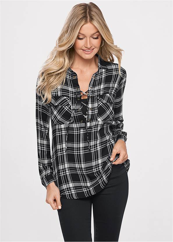 Plaid Lace-Up Top,Basic Cami Two Pack,Bootcut Jeans,Skinny Jeans,Slouchy Pointed Toe Booties,Silver Hoop Earrings Set