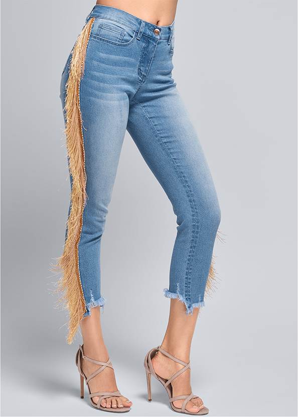 Waist down front view Cropped Fringe Trim Jeans