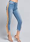 Waist down front view Cropped Fringe Trim Jeans