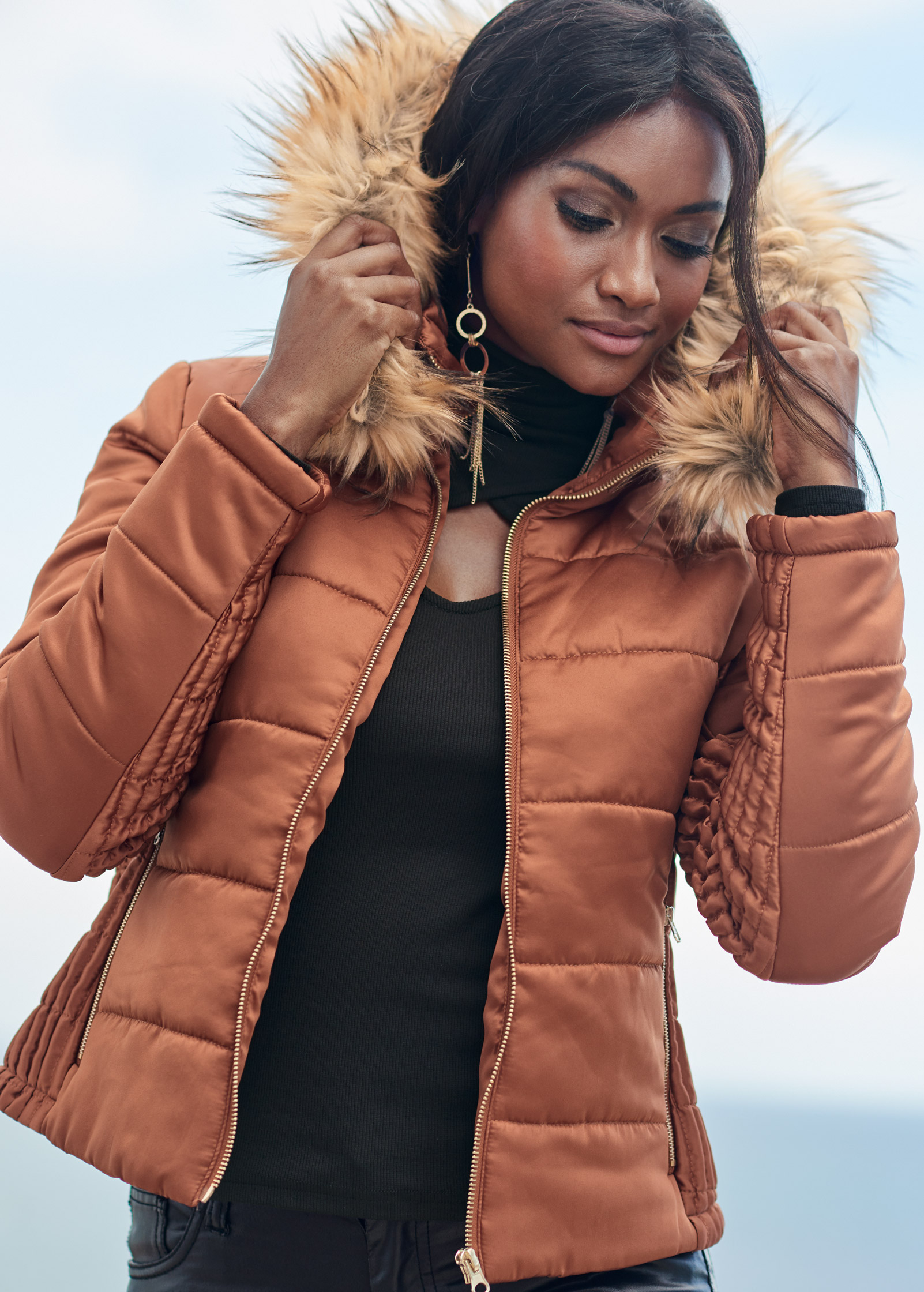 brown faux fur hooded jacket