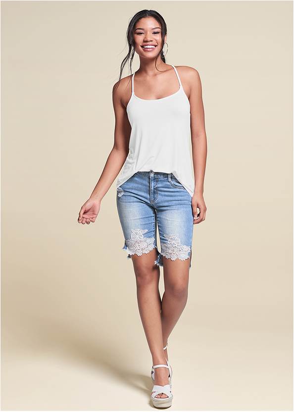 Lace Trim Bermuda Shorts,Back Detail Top,Ruffle Cold-Shoulder Top,Studded Leather Cork Wedges,Hoop Earrings
