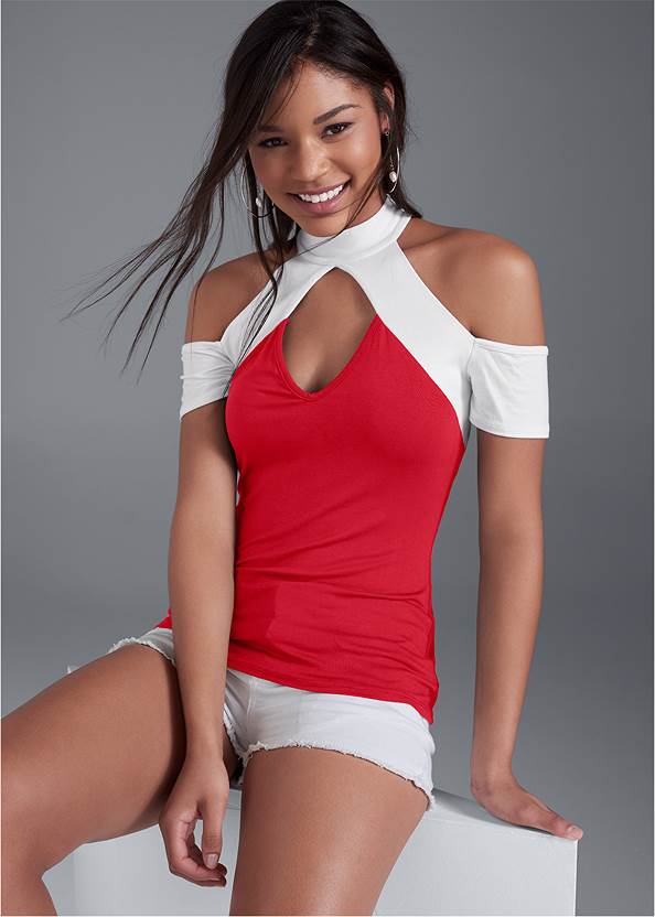 Cropped front view Color Block Cutout Top