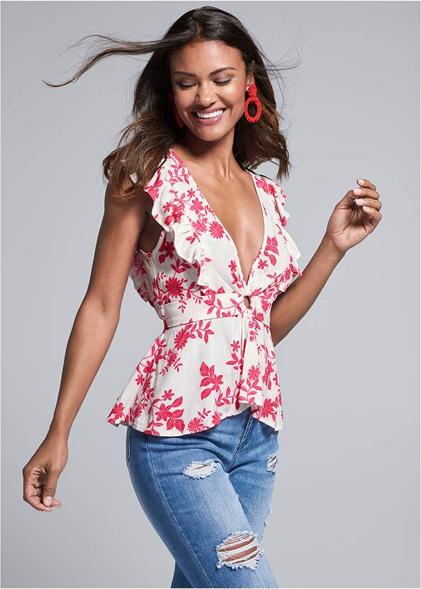 Cropped front view Plunging Floral Top