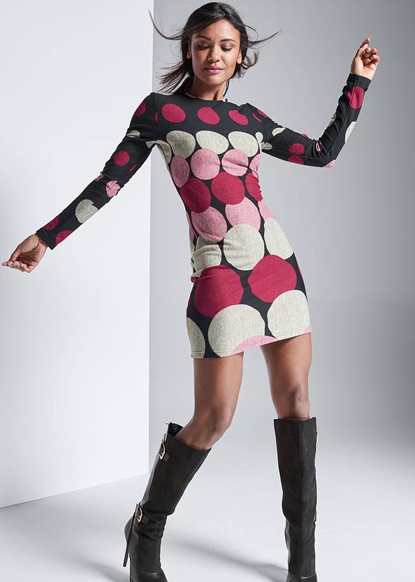Abstract Sweater Dress,Stretch-Back Boots,Studded Over The Knee Boots