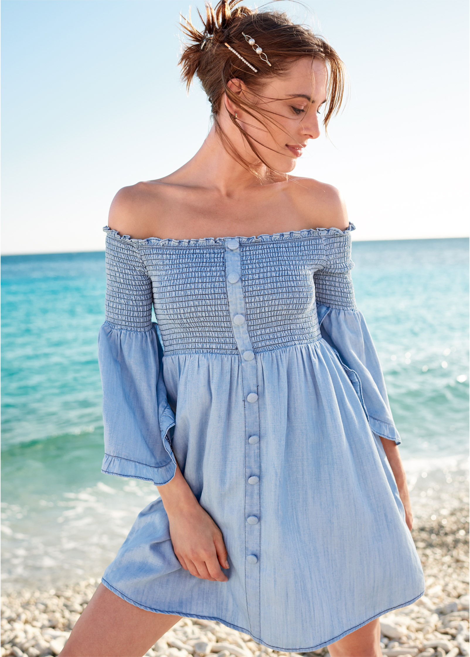 chambray off the shoulder dress