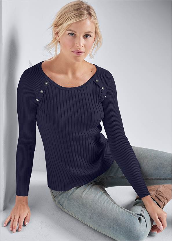 Front View Ribbed Button Detail Sweater