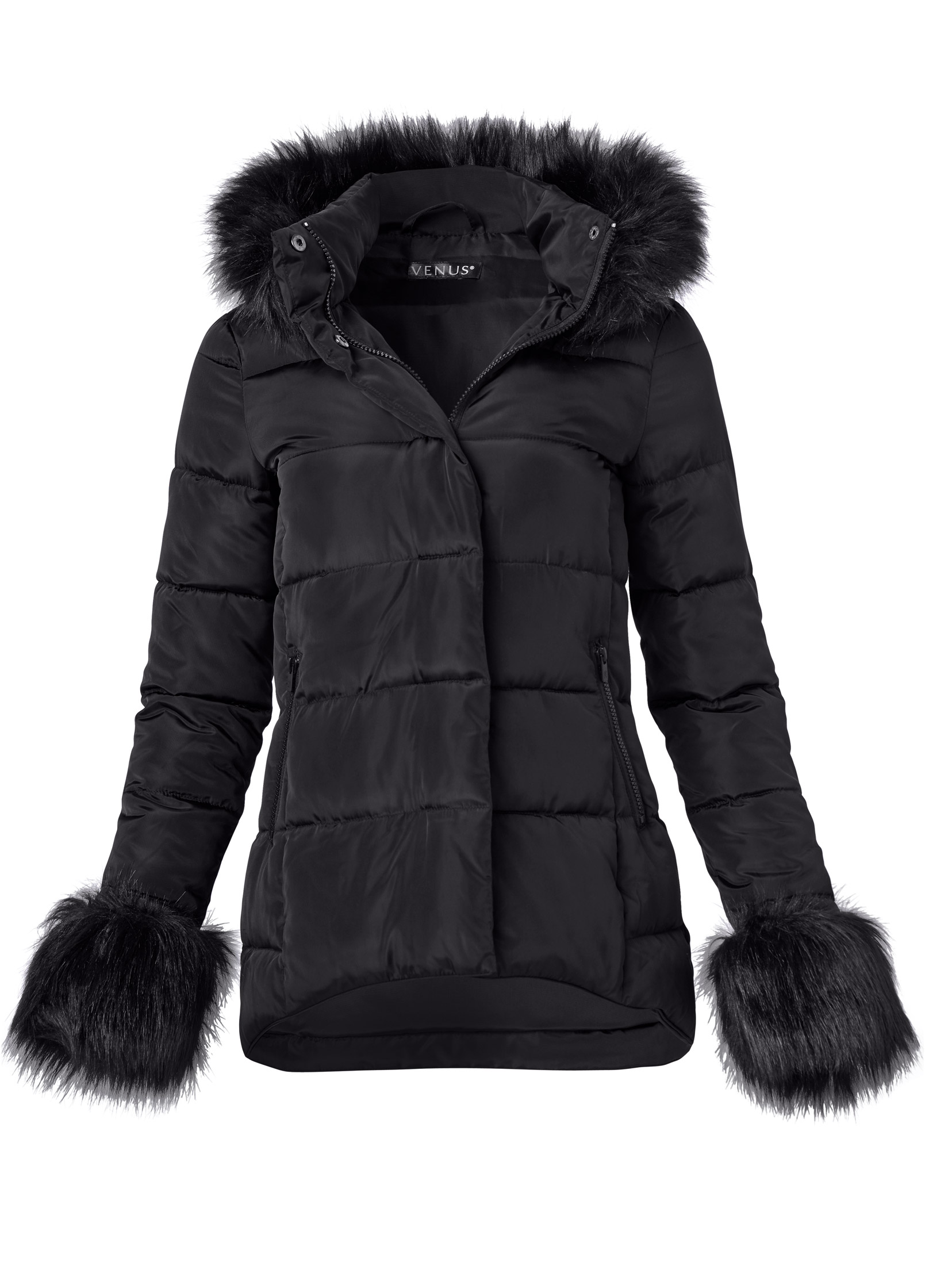 Faux-Fur Trim Puffer Jacket in Black | VENUS