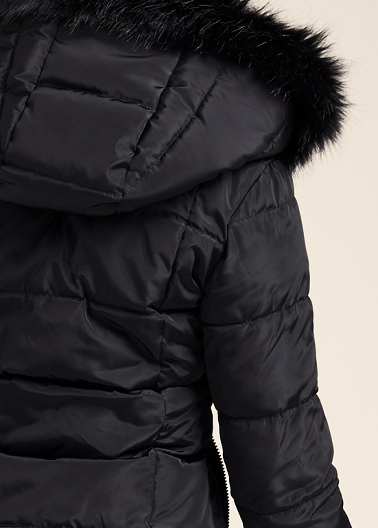 Faux Fur Trim Puffer Coat in Black VENUS