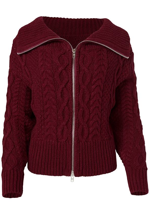 VENUS | Zip Front Cable Knit Cardigan in Red