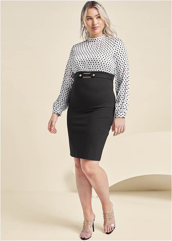 Front View Belted Pencil-Skirt Dress