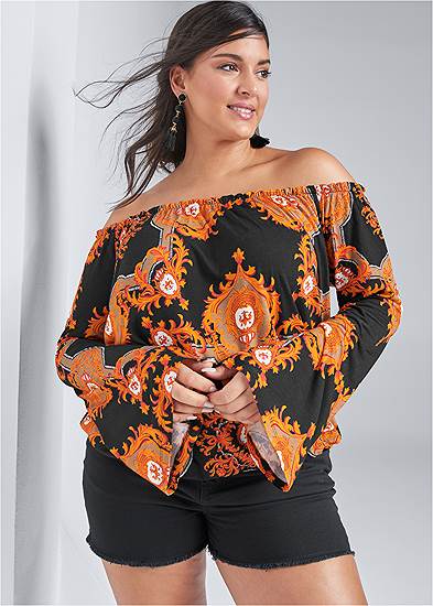 Plus Size Flare Sleeve Printed Top