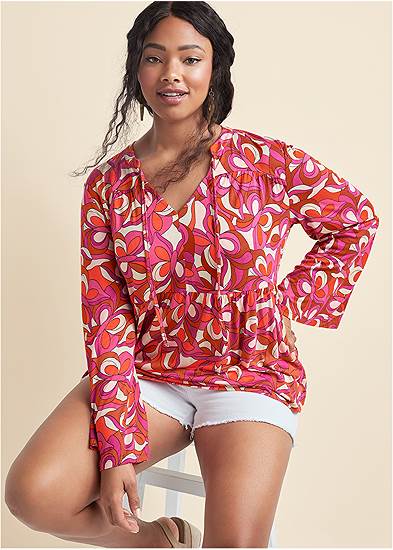 Plus Size Printed Bell Sleeve Top