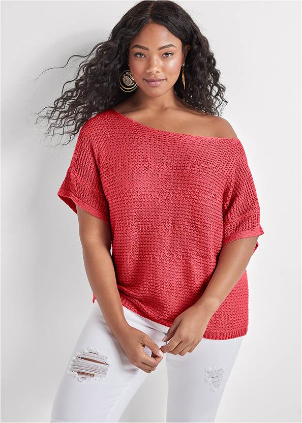 Plus Size Open Knit Sweater in Coral | VENUS