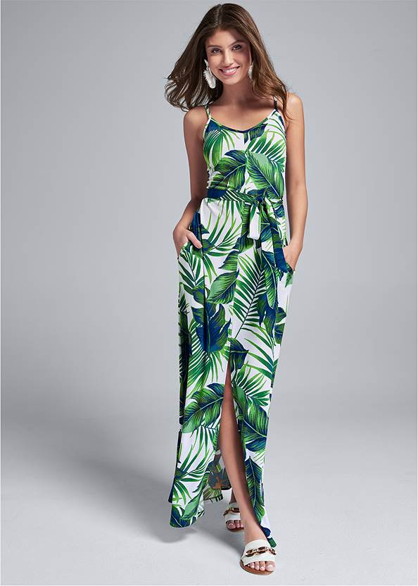 Full front view Palm Print Self Tie Maxi