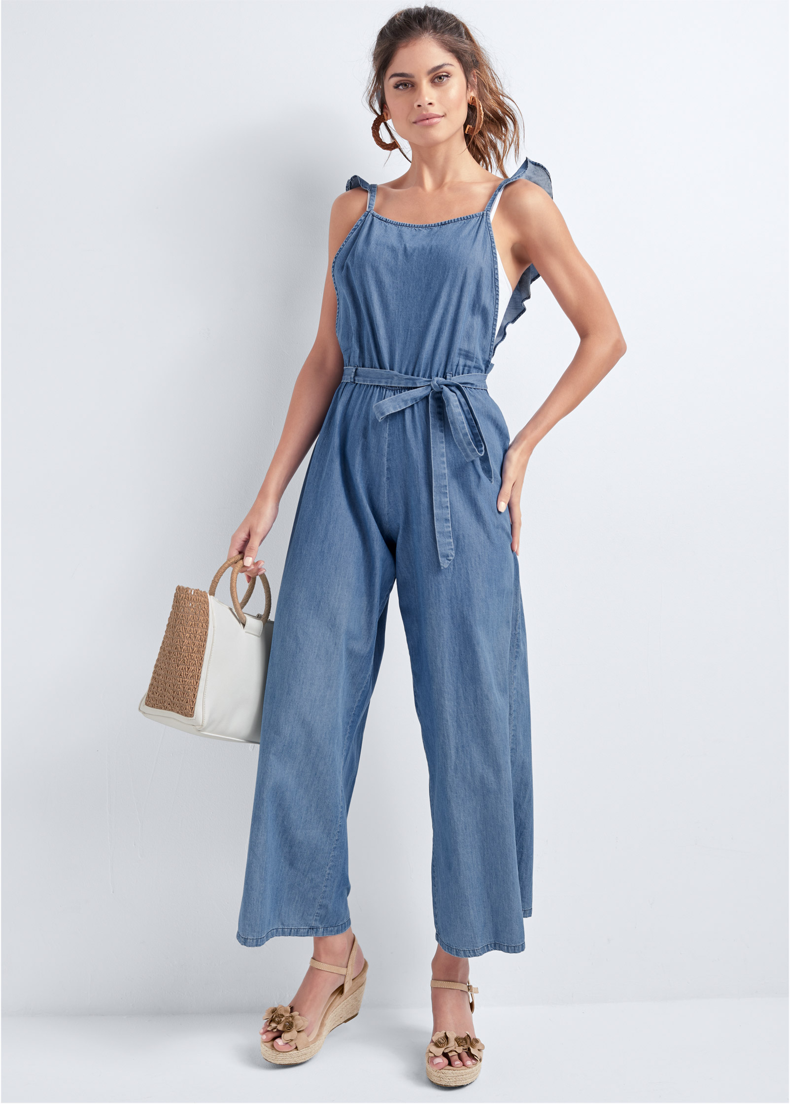 chambray ruffle jumpsuit