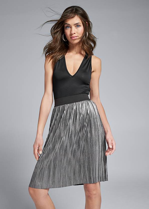 Silver Pleated Metallic Midi Skirt | VENUS