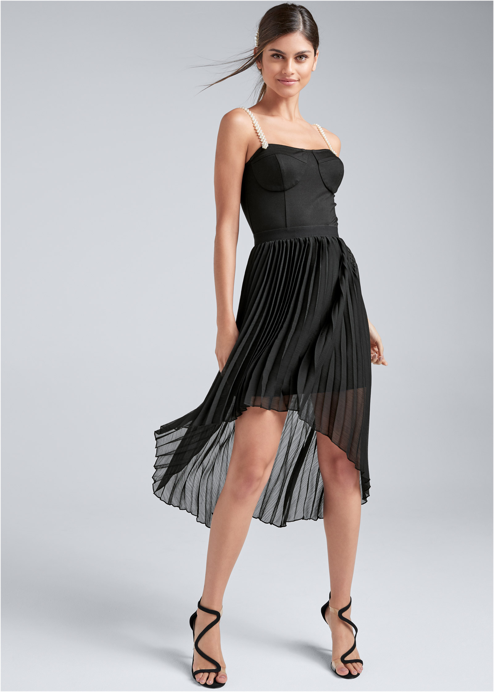 PEARL STRAP PLEATED DRESS in Black | VENUS