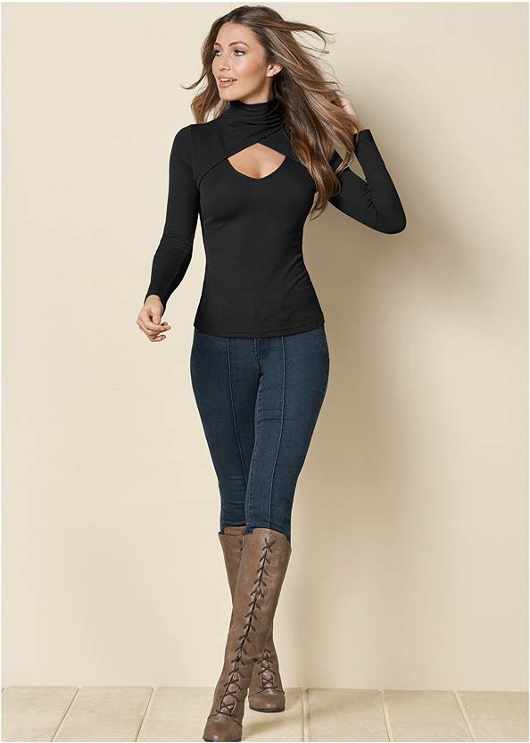 Full Front View Cutout Mock-Neck Top