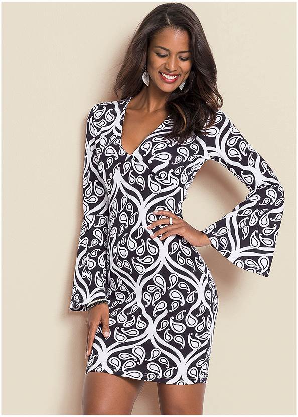 Printed V-Neck Dress,Pearl By Venus® Perfect Coverage Bra,High Heel Strappy Sandals,Double Hoop Earrings