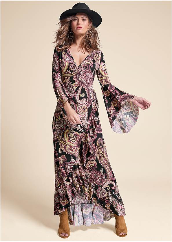 Paisely Printed Wrap Dress,High Heel Strappy Sandals