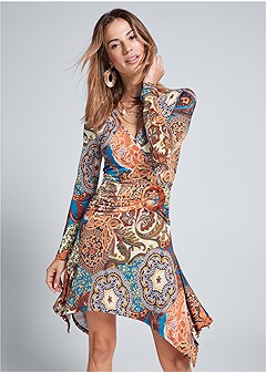Printed Handkerchief Dress in Rust Multi | VENUS