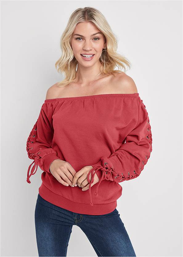 Front View Lace-Up Sleeve Sweatshirt