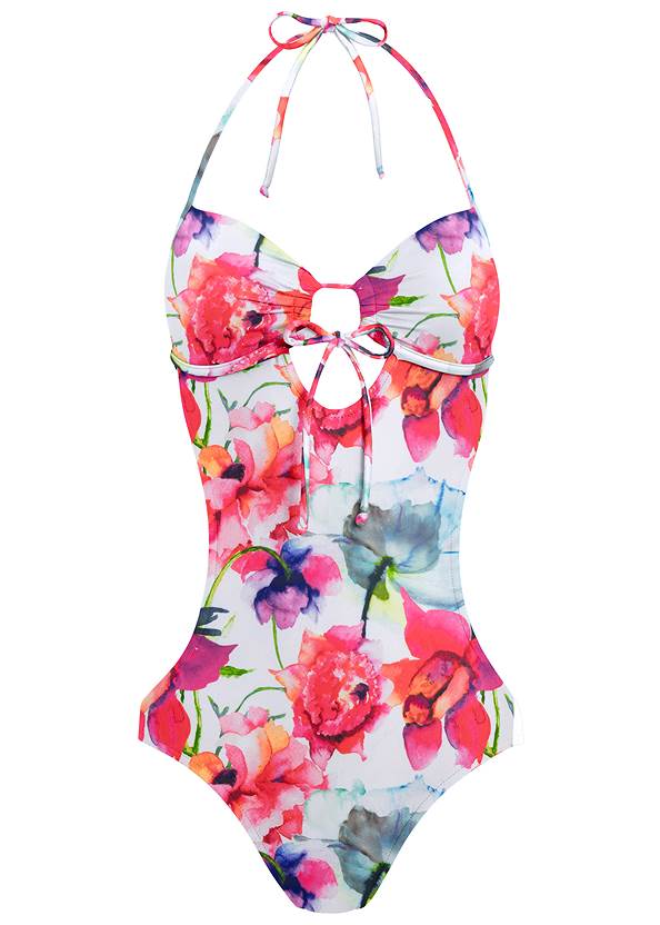 Sweetheart Tie Front Halter Monokini Swimsuit in Watercolor Floral | VENUS