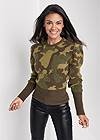 Front View Camo Print Puff Sleeve Sweater