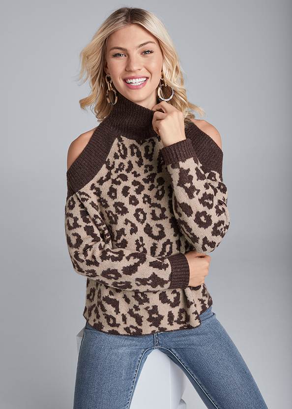 Front View Leopard Print Cold-Shoulder Sweater