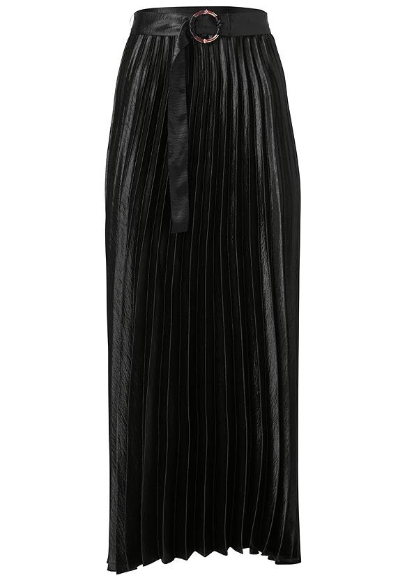 Black Belted Pleated Satin Skirt | VENUS
